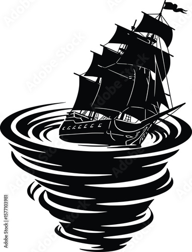 Pirate Ship Encountering a Whirlwind Vector Art Illustration, Nautical Adventure on the High Seas