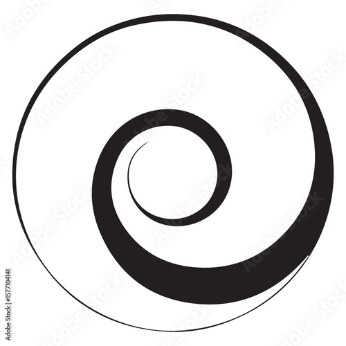 A striking black spiral design on a clean white background creating a sense of movement and focus