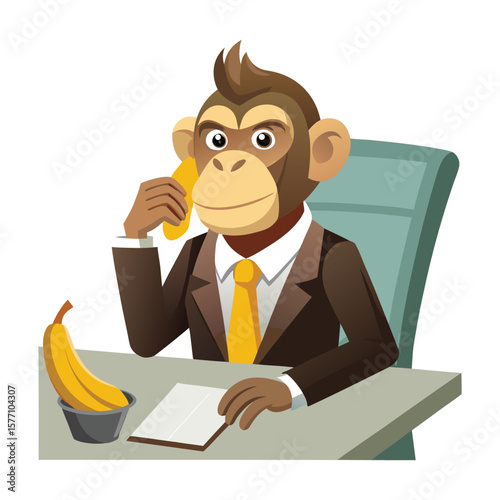 Cheeky Monkey Secretly Eating Banana in Boardroom. Funny Office Humor Vector Art for Business Presentations, Corporate Designs, and Workplace Illustration Projects.