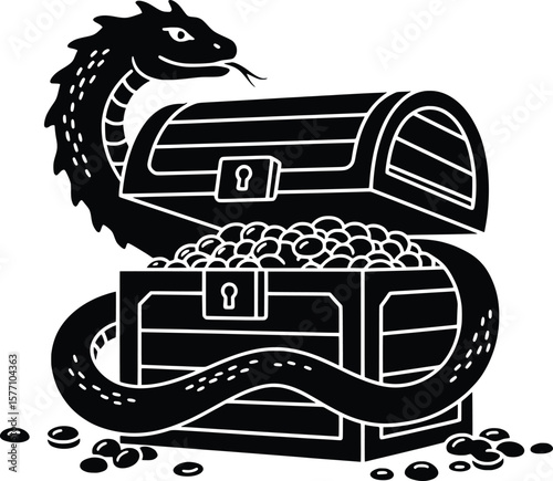 Vector Pirate Treasure Snake Guarding Gold Chest in Enchanted Cave Artwork