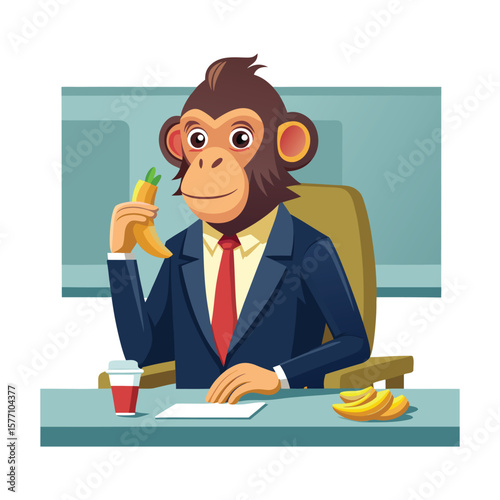 Cheeky Monkey Secretly Eating Banana in Boardroom. Funny Office Humor Vector Art for Business Presentations, Corporate Designs, and Workplace Illustration Projects.