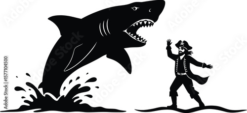 Pirate vs. Shark in Vector Art Style, High Seas Adventure, Dramatic Scene, Black and White Design