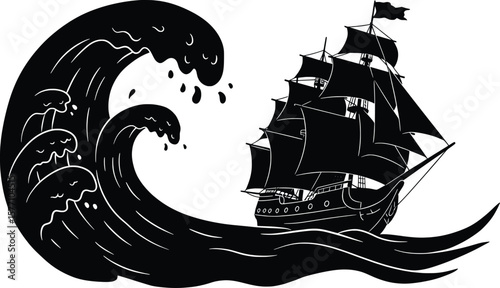 Epic Vector Pirate Ship Battling Waves in a Stormy Ocean - Black and White Illustration