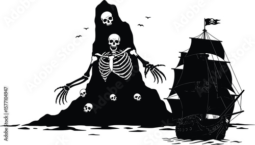 Action-Packed Vector Pirate Ship Adventure with Skeletons on Rocky Island in a Mysterious Ocean Environment