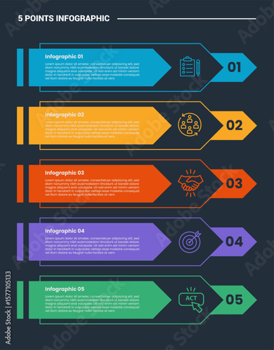 5 stage infographic process diagram with creative arrow stacked layer on vertical list with dark background bright outline style