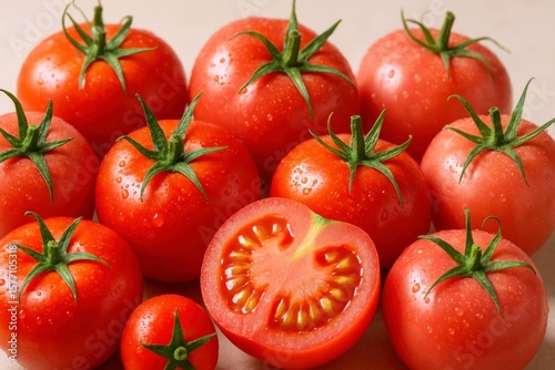 Fresh juicy tomatoes, some whole, one halved revealing its ripe interior, gleam with water droplets, promising summer flavors and healthy eating.