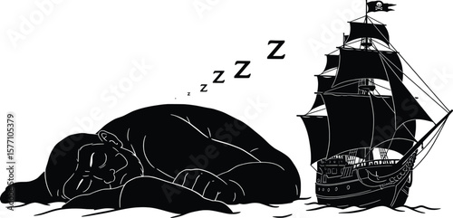 Action Illustration of a Sleeping Pirate by a Ship, Vector Art, Maritime Theme, Calm Ocean, Side View