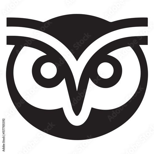 Stylized black and white abstract owl face logo design symbol representing wisdom knowledge and nocturnal activity