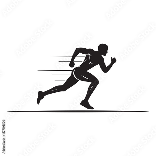 Dynamic black silhouette of a muscular male athlete running fast with motion blur lines indicating speed and forward momentum