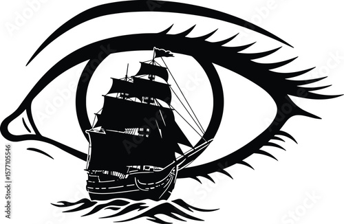 Vision of a ship on the ocean silhouette