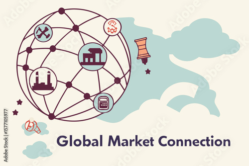 Illustration of a global network with icons representing industry, finance, and international trade