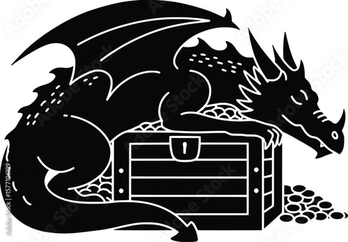 Fantasy dragon guarding a treasure chest icon