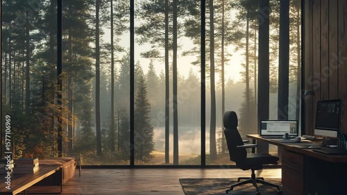 Cozy Home Office with Forest View in Wooden Cabin at Sunrise

