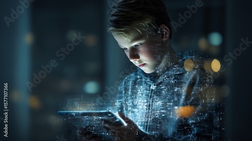 a real teenage boy configuring a virtual AI assistant on his personal tablet, futuristic smart lifestyle, photorealistic digital realism 