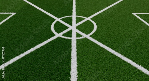 Green Sports Field with White Lines and Center Circle. Empty Soccer Pitch Turf Texture. Ready for Game or Training.