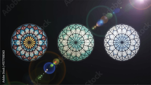 Three circular stained glass patterns geometric symmetrical