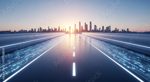 Fototapeta Naklejka Na Ścianę i Meble -  Futuristic city road with modern skyscrapers at sunrise