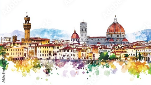 Florence Skyline Watercolor Painting - A picturesque watercolor painting of the Florence skyline, symbolizing Italian artistry, architectural beauty, historical significance, romantic charm, and