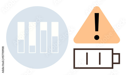 Low battery icon next to a warning triangle with exclamation mark and a bar graph showing depletion levels. Ideal for power management, energy crisis, low resource, alert, risk, technology issues