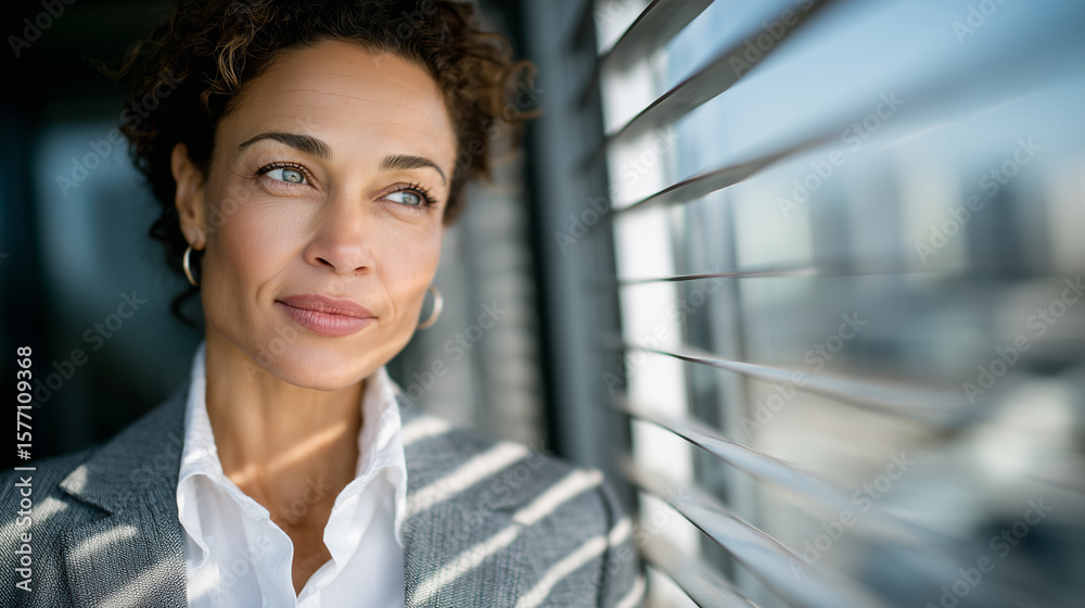 Fototapeta premium Professional woman in tailored grey business suit and crisp white shirt gazes pensively through half-open window blinds, soft daylight casting striped shadows on her composed face,