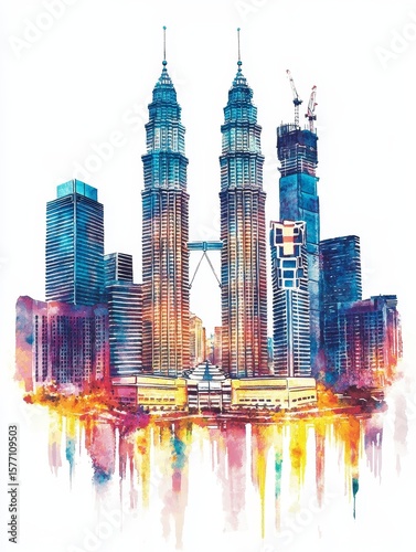 Kuala Lumpur Skyline Watercolor Painting - Vibrant watercolor Kuala Lumpur cityscape, twin towers, modern architecture, urban development, Malaysian culture.