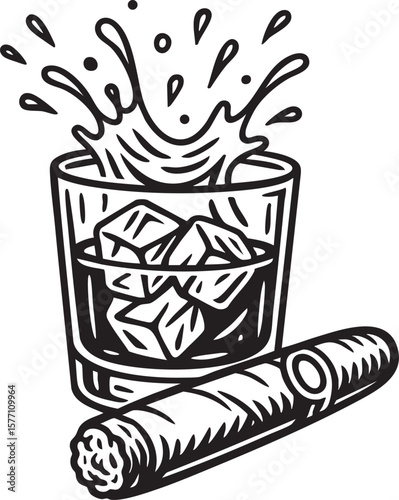 Whiskey Glass with Ice Splashing and Cigar Illustration in Black and White Line Art Style