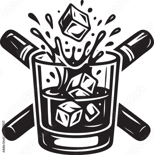 Monochrome Illustration of Whiskey Glass with Ice Cubes and Splashes Crossed Cigars Behind black white
