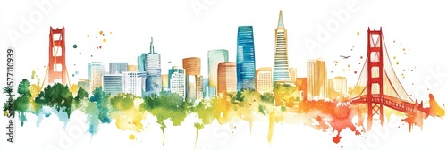 San Francisco Skyline Watercolor Painting - Vibrant watercolor cityscape, Golden Gate Bridge, city buildings, artistic , urban landscape.