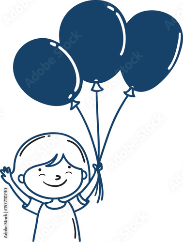 line art illustration of a happy child holding balloons