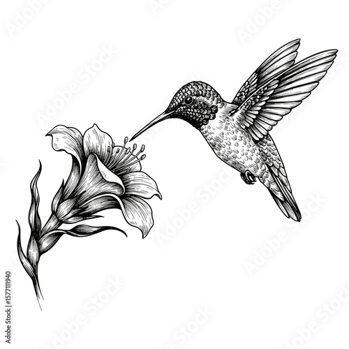 Hummingbird drinking nectar from flower – vintage ink sketch doodle black and white vector illustration on white background, engraving woodcut style