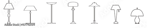 et of lamp outline icons. Modern floor lamp, nightlights, chandeliers, ceiling lamps, table lamps. Linear sketches of interior light furniture for decor. Modern Minimalist various  icon, vector illust