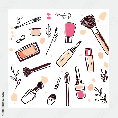 Flat minimalist vector illustration of makeup cosmetic products with brushes, mascara, lipstick, cream jar, and nail polish in doodle sketch style for beauty and cosmetics design