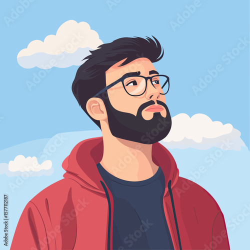 Portrait of confident young man with beard and glasses wearing red hoodie looking upwards against blue sky with clouds vector illustration
