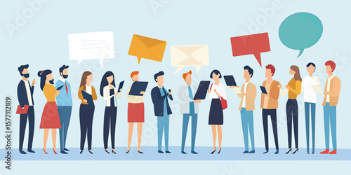 Group diverse business people communication discussion team collaboration exchanging ideas conversation speech bubbles flat vector illustration