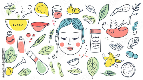 Hand drawn flat minimalist vector illustration of natural skin care elements with female face, herbs, fruits, oils, creams, and beauty treatment doodles for wellness and cosmetic concept