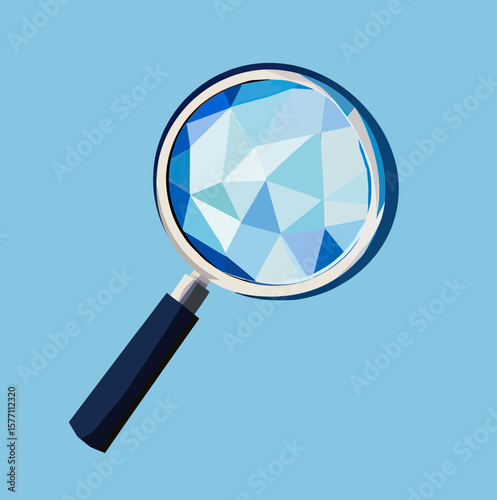 Low poly style magnifying glass with blue geometric facets on light blue background in flat minimalist vector design illustration