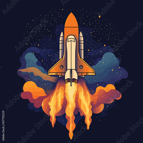 Vector illustration of space shuttle launching with fiery rocket flames and starry night sky background in flat minimalist style