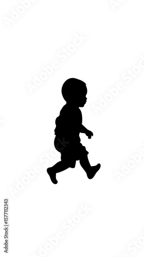 Silhouette of toddler boy walking baby steps in profile black vector illustration on white background flat minimal design showcasing early childhood development and movement