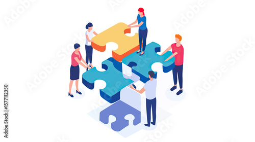 Isometric illustration of diverse people collaboratively assembling large colorful puzzle pieces symbolizing teamwork, cooperation, and problem solving in business environment