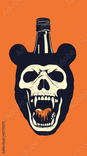 Black bear skull with open mouth and sharp teeth fused with bottle neck and cap on orange background flat minimalist vector illustration