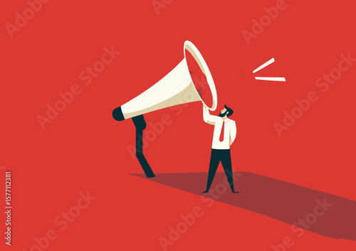Businessman with megaphone standing in email envelope shape announcing promotion and marketing communication on red background concept vector illustration