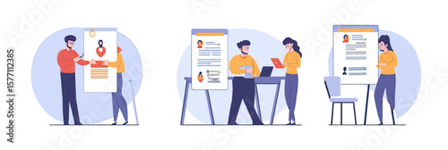 Business recruitment process with human resources managers reviewing resumes job candidate screening interviewing hiring decisions flat vector illustration set