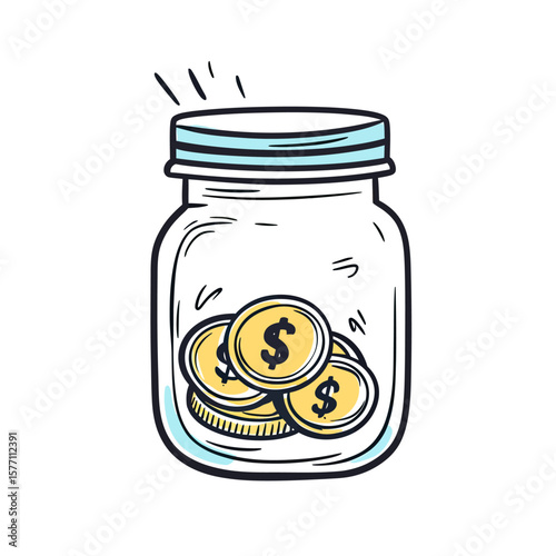 Hand drawn sketch style glass jar filled with gold coins featuring dollar signs saving money concept illustration in minimalist vector design