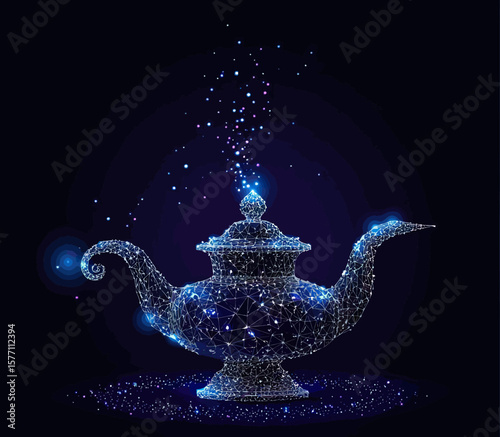 Polygonal digital magic lamp with glowing particles and starry cosmic light effects on dark background futuristic low poly vector design symbolizing fantasy and mystery concept