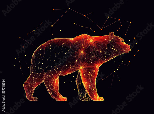 Abstract glowing digital bear silhouette with network lines and star constellation connections on dark background