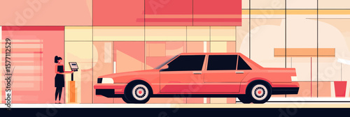 Red sedan car parked outside modern auto service center with attendant using touchscreen kiosk in flat minimalist vector style