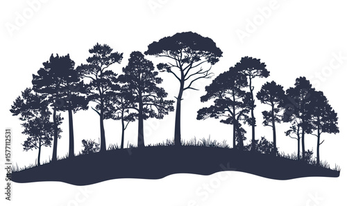 Silhouette of diverse pine and fir trees on grassy hill with detailed branches and needles isolated on white background vector illustration in minimalist style