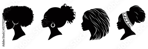 Black women hair silhouettes vector set with afro natural bun wavy ponytail headband accessories minimalist flat design icons