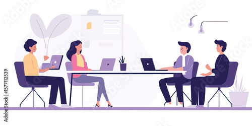 Diverse business team brainstorming meeting with laptops collaborating in modern office flat vector illustration