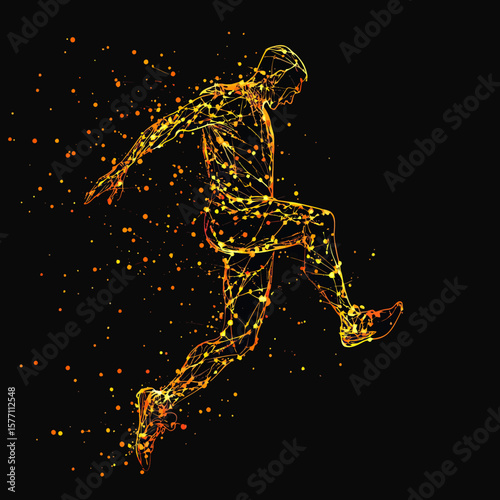 Abstract glowing silhouette of athlete mid-jump with connected lines and dots in dynamic motion on dark background sports concept digital illustration